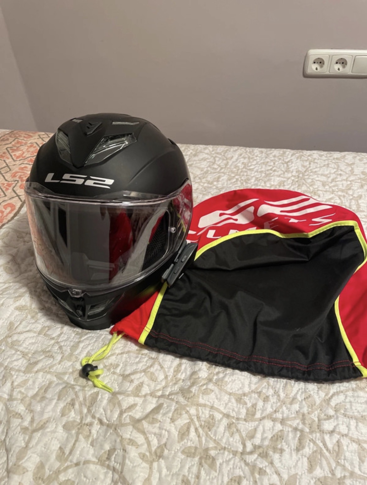 LS2 Storm III FF818 motorcycle helmet with ASMAX S1 intercom and cover