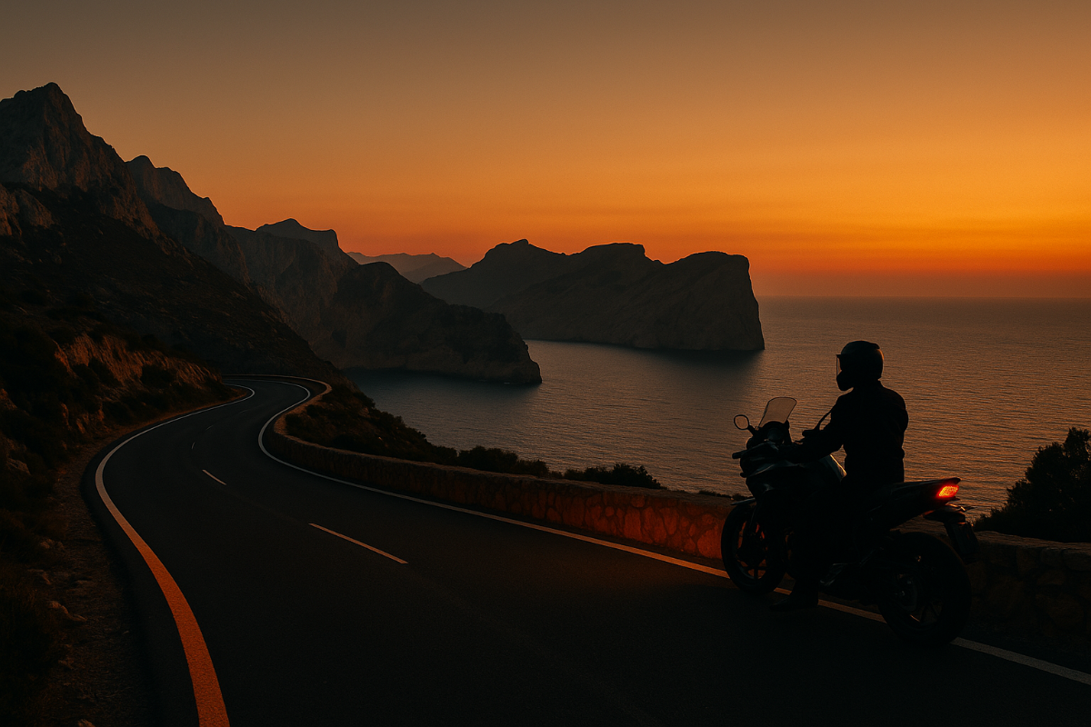 Moteros disfrutan de una carretera escénica serpenteando por un espectacular paisaje montañoso de España
