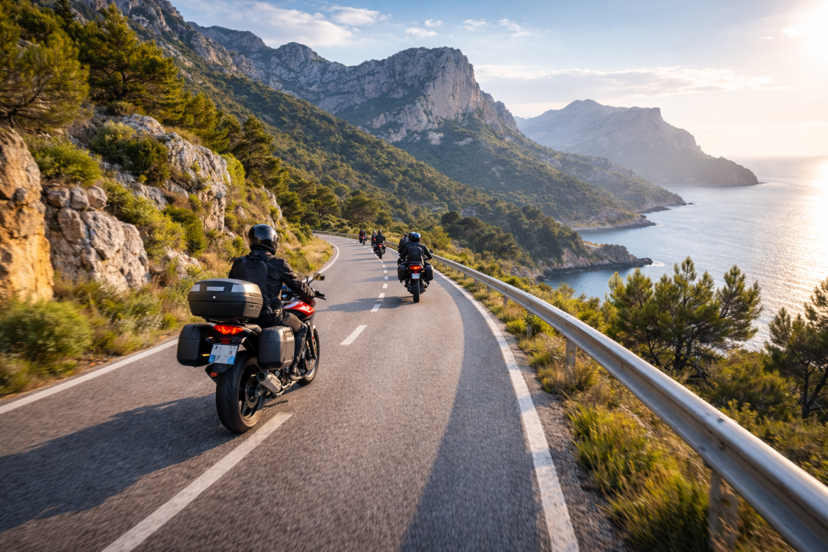 Columna de motos circulando por carretera con paisaje montañoso al fondo