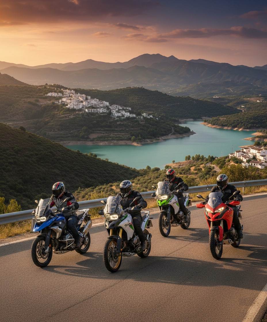 Dos motos disfrutan de una carretera sinuosa entre montañas verdes con cielo azul