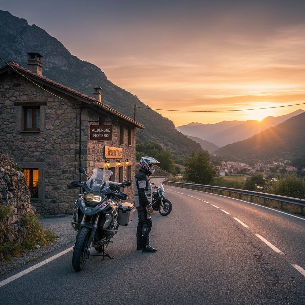 Varias motos aparcadas junto a una carretera escénica en España, listas para explorar