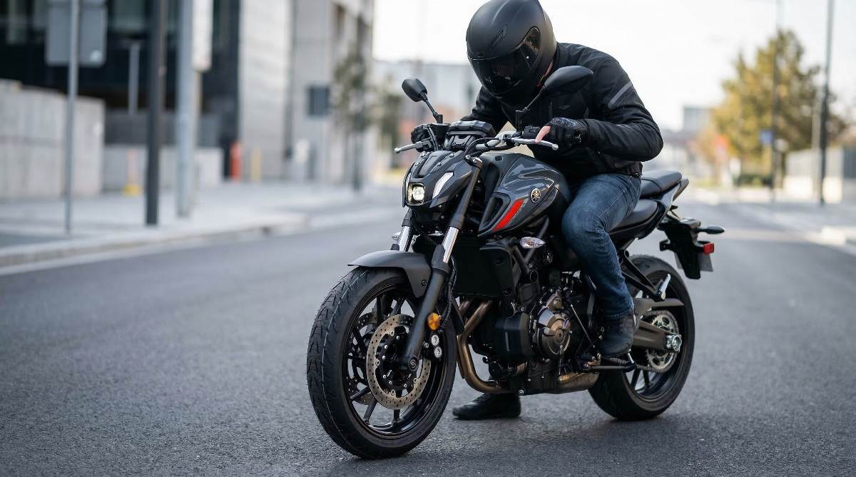 Detalle de motocicleta moderna aparcada en un paisaje montañoso al amanecer lista para la aventura