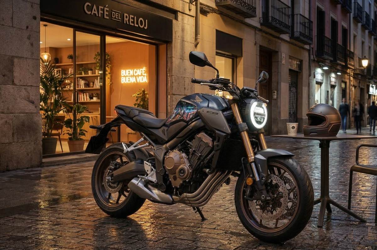 Honda CB650R 2023 aparcada en carretera con paisaje montañoso de fondo