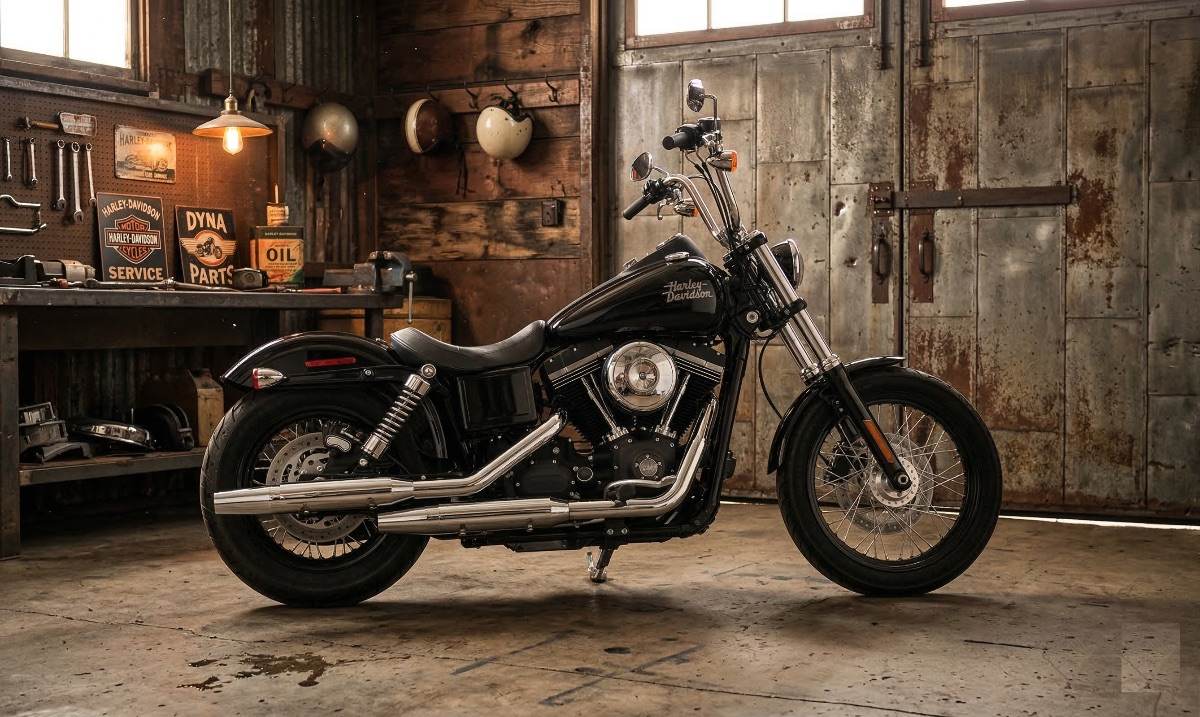 Harley-Davidson Street Bob 2015 en carretera con paisaje montañoso al amanecer disfrutando del mantenimiento motero