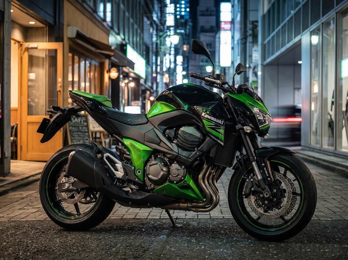 Kawasaki Z800 rodando por una carretera escénica en un paisaje montañoso