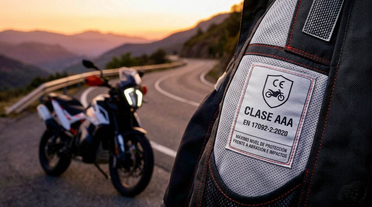 Motorista con equipamiento completo de protección avanzada en carretera y paisaje montañoso
