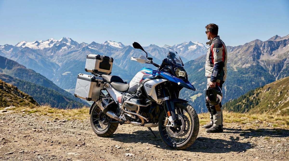 BMW R 1300 GS en carretera con paisaje montañoso, lista para la aventura