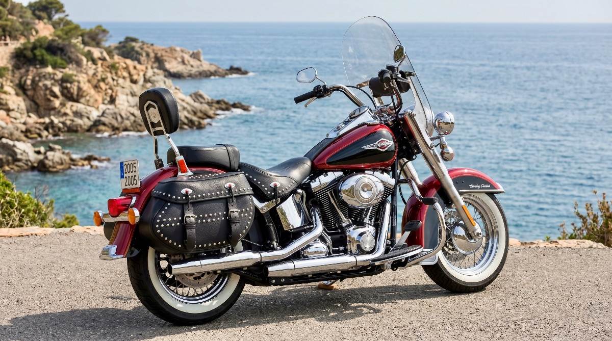 Heritage Softail clásica en carretera abierta lista para mantenimiento oficial detallado