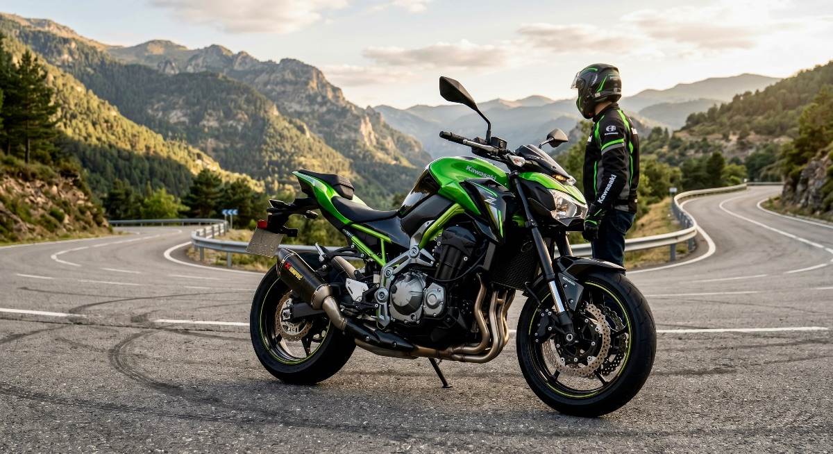 Kawasaki Z900 roja y negra en carretera con paisaje montañoso