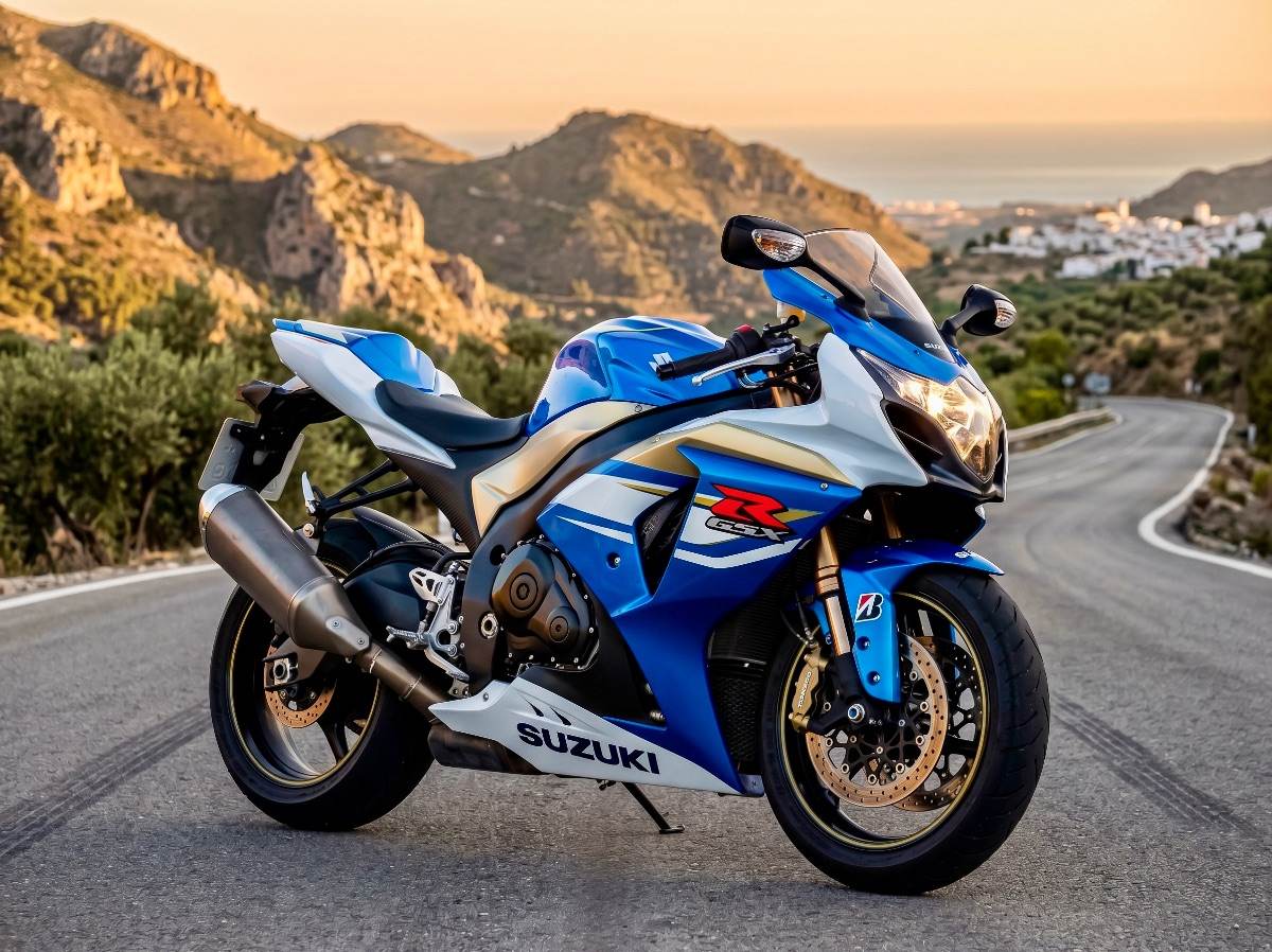 Suzuki GSX-R1000 K7 roja y negra aparcada en un camino rural con vegetación otoñal