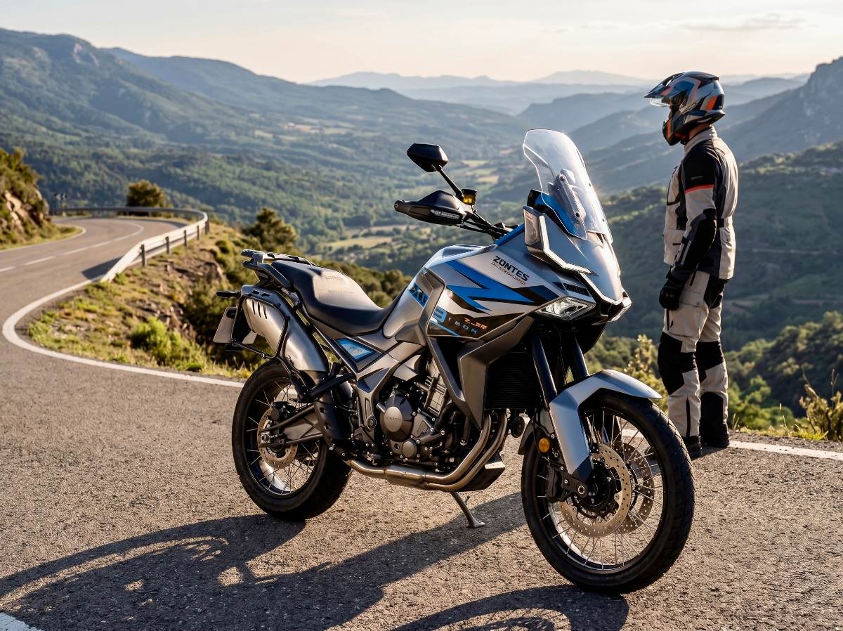 Zontes 703F tricilíndrica 2025 en carretera secundaria con paisaje montañoso al fondo
