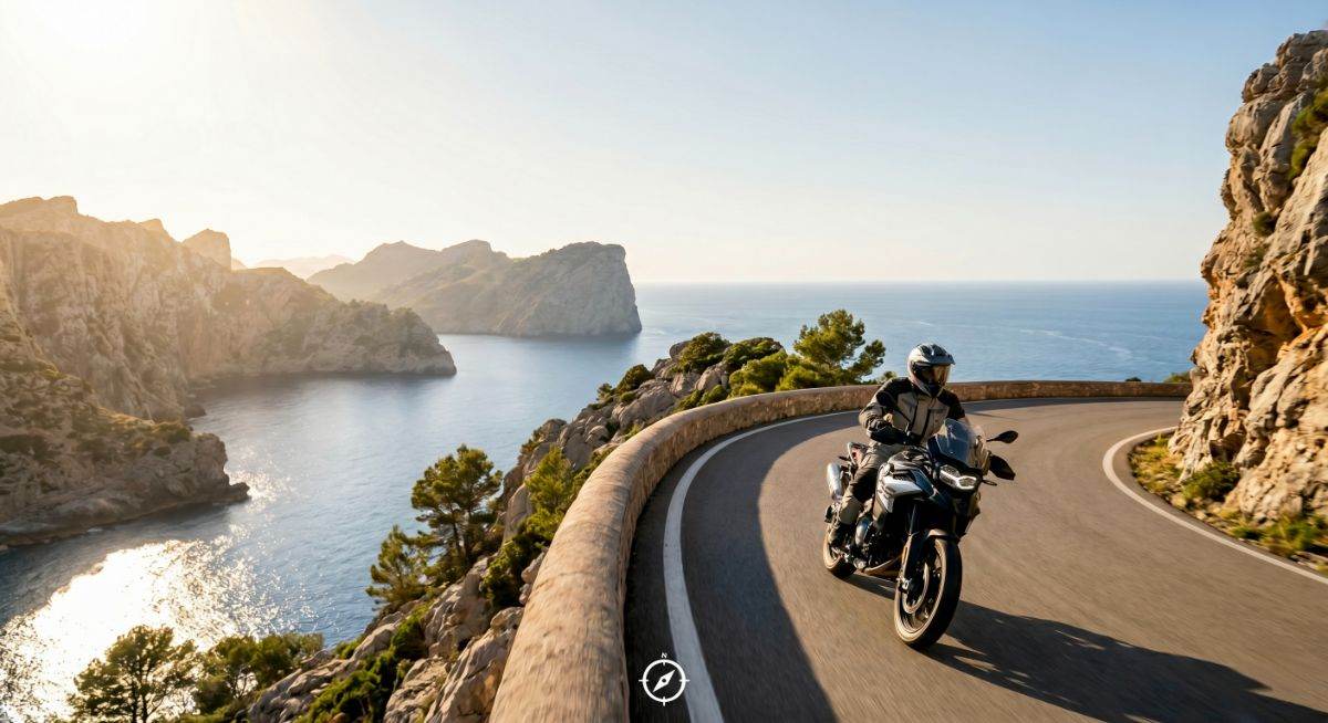 Motociclista en moto de aventura toma una curva en carretera costera de acantilados sobre el mar.