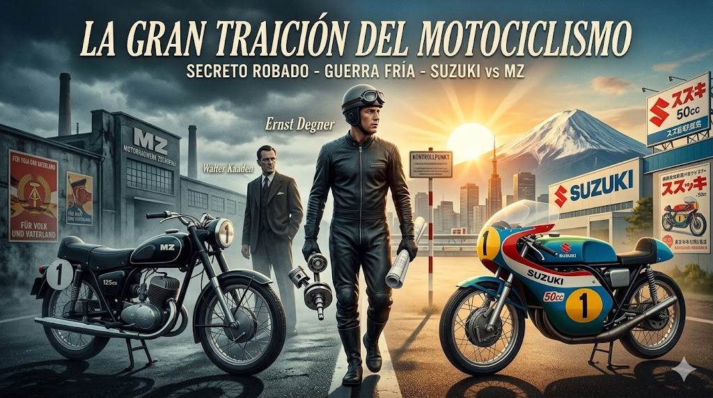 Ilustración de la traición de Ernst Degner con secretos de MZ para Suzuki.