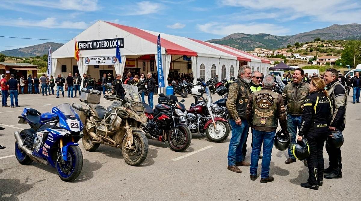 Grupo de motoristas charlando alegremente junto a sus motos en un evento motero local.