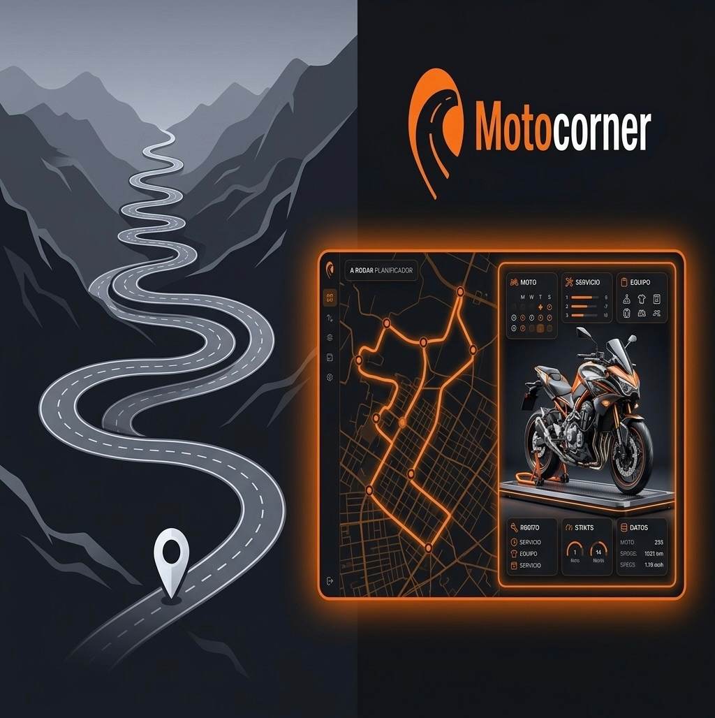 Ilustración conceptual de MotoCorner comparando rutas en mapa y gestión de garaje digital.
