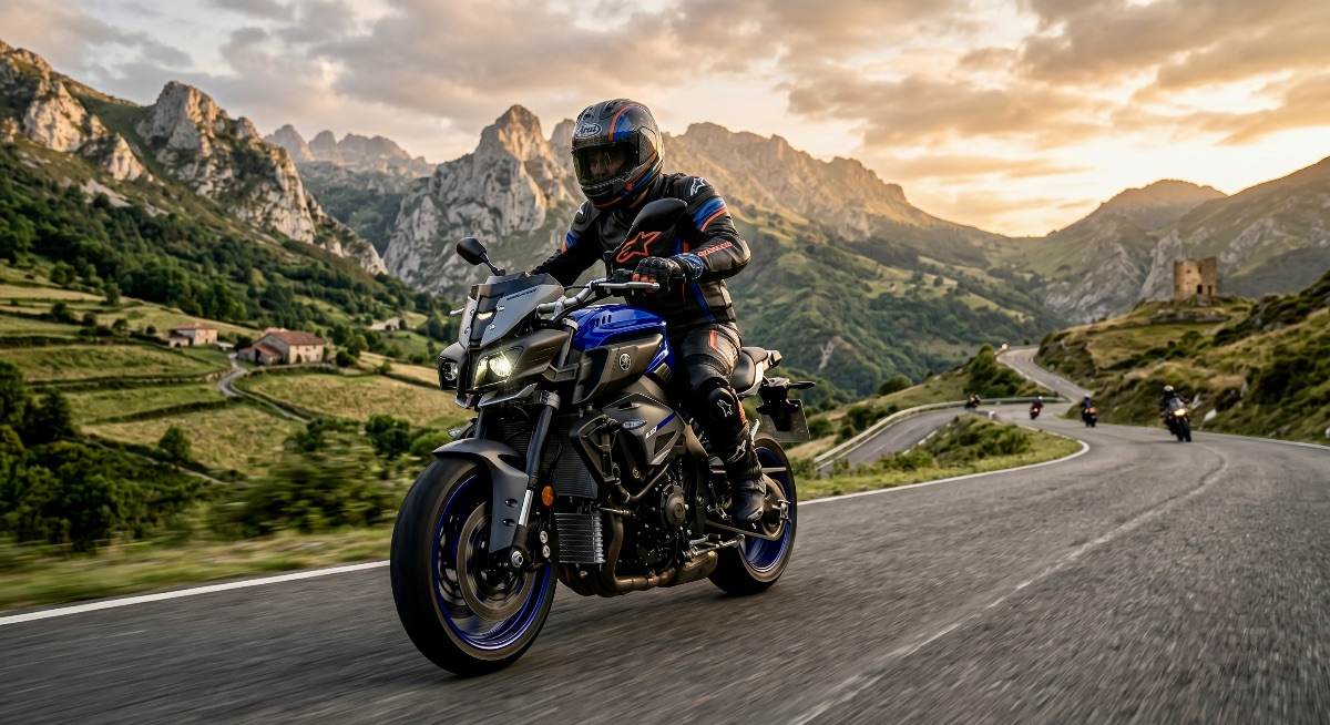 Motociclista en una Yamaha MT-10 azul recorriendo una carretera de montaña al atardecer.