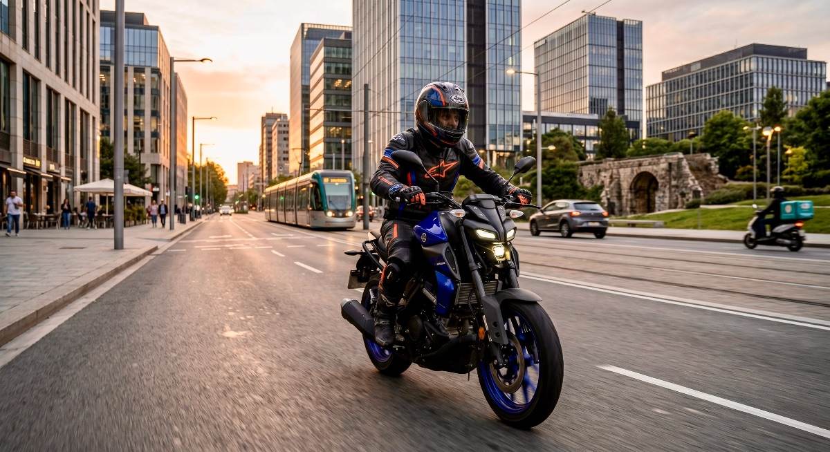 Motociclista en una moto naked azul recorriendo una moderna avenida urbana al atardecer.