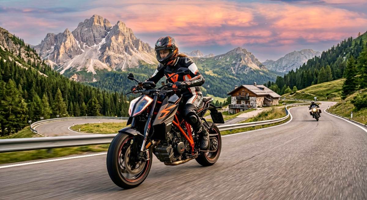 Mujer montando una motocicleta naked por una sinuosa carretera de montaña al atardecer.