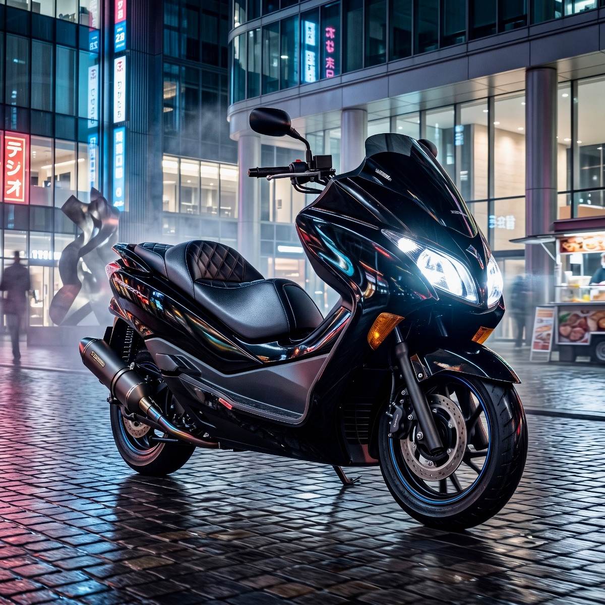 Gran scooter negra brillante con faros LED en calle adoquinada húmeda con neones japoneses.