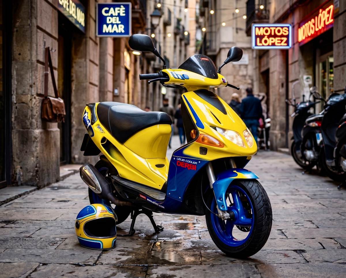Scooter Derbi amarilla y azul aparcada en una calle adoquinada húmeda con un casco en el suelo y luces de neón.