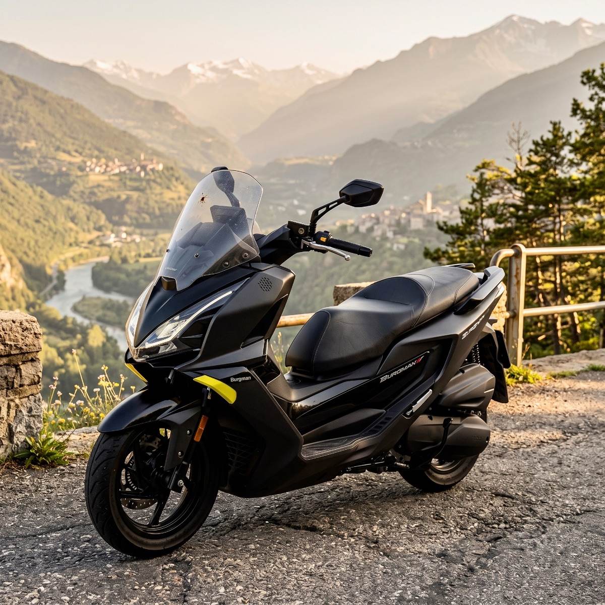 Maxi-scooter negra mate en un mirador de montaña en España, con vistas panorámicas de un valle fluvial, un pueblo y picos nevados en la hora dorada.