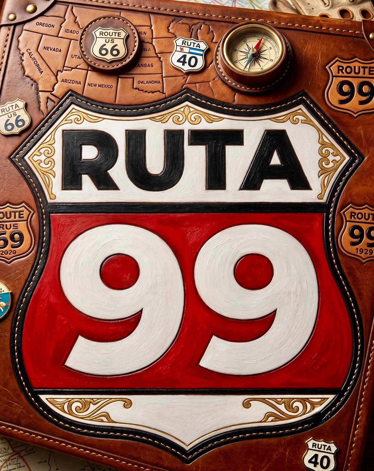 Detalle de maleta de cuero abierta con mapa de EE.UU. tallado, insignias de Ruta 66, 40 y 99, compás de latón, y gran escudo pintado de 'RUTA 99'.