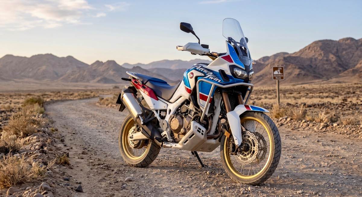 A tricolor Honda Africa Twin adventure motorcycle on a dirt path in a desert mountain landscape.