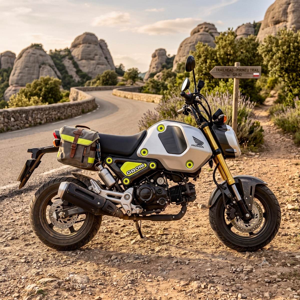 Moto Honda Grom plateada con alforja en camino de tierra. Fondo: montañas Montserrat y señal del Pirineu Trail GR-92.