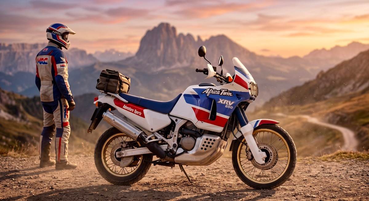 Honda Africa Twin XRV650 clásica y piloto HRC en paisaje montañoso al atardecer.