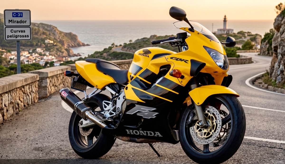 Una Honda CBR 600 F4 amarilla de 1999 estacionada en una carretera costera española con vistas al mar y un faro al atardecer.