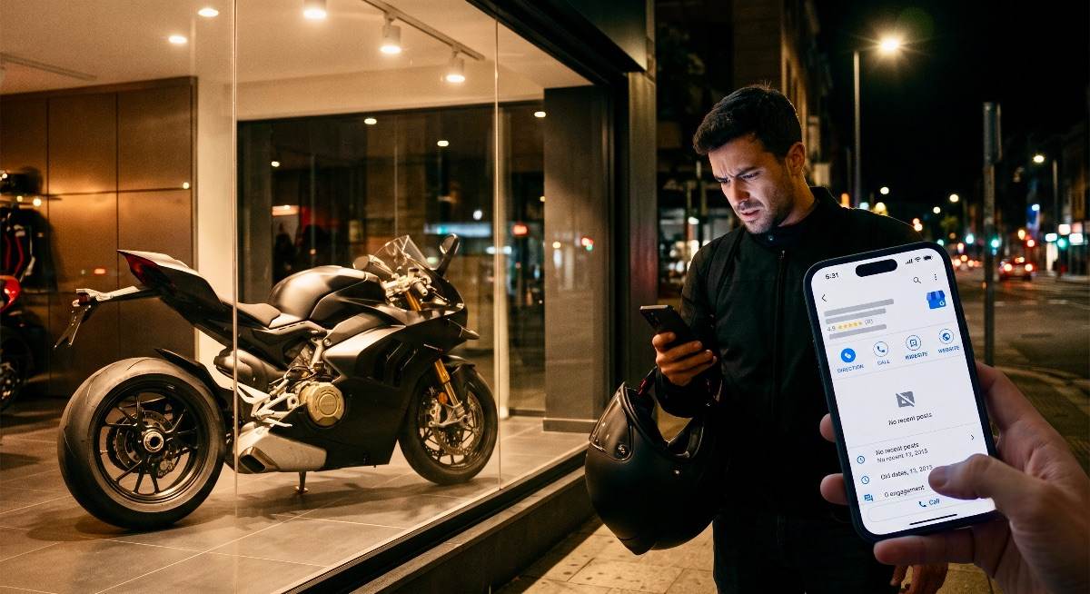 Un motero frustrado ante una tienda de motos impecable de noche, viendo un perfil online abandonado en su móvil.