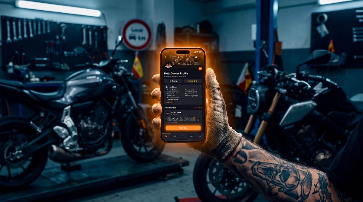 Móvil mostrando el perfil de MotoCorner dentro de un taller mecánico de motos.