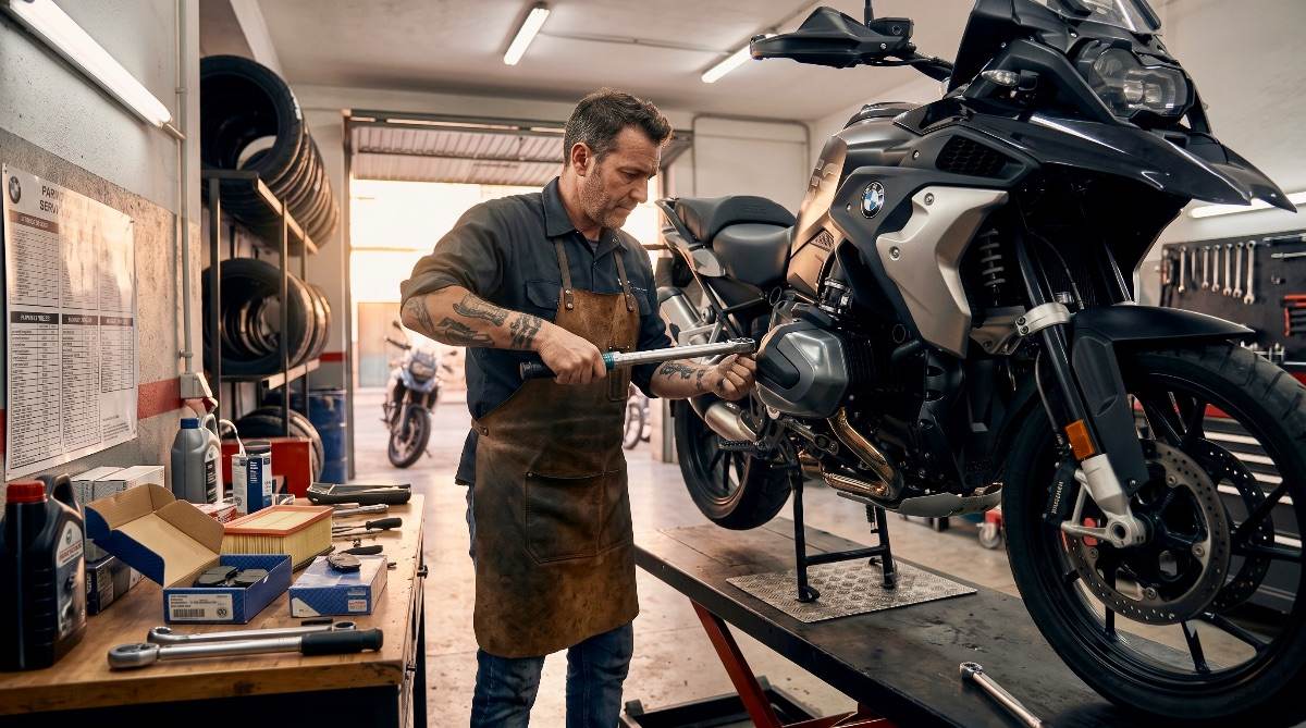 Mecánico en taller aplicando par de apriete con llave dinamométrica en el mantenimiento de una BMW R1250GS.
