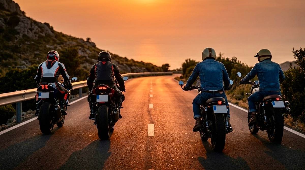 Cuatro moteros en motos deportivas y clásicas rodando por una carretera al atardecer.