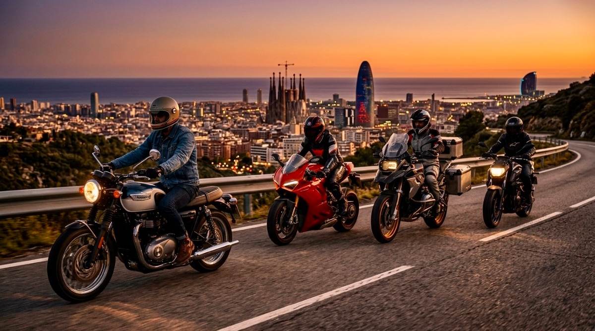 Grupo organizado de moteros rodando por una carretera de Barcelona al atardecer, con la Sagrada Família de fondo.
