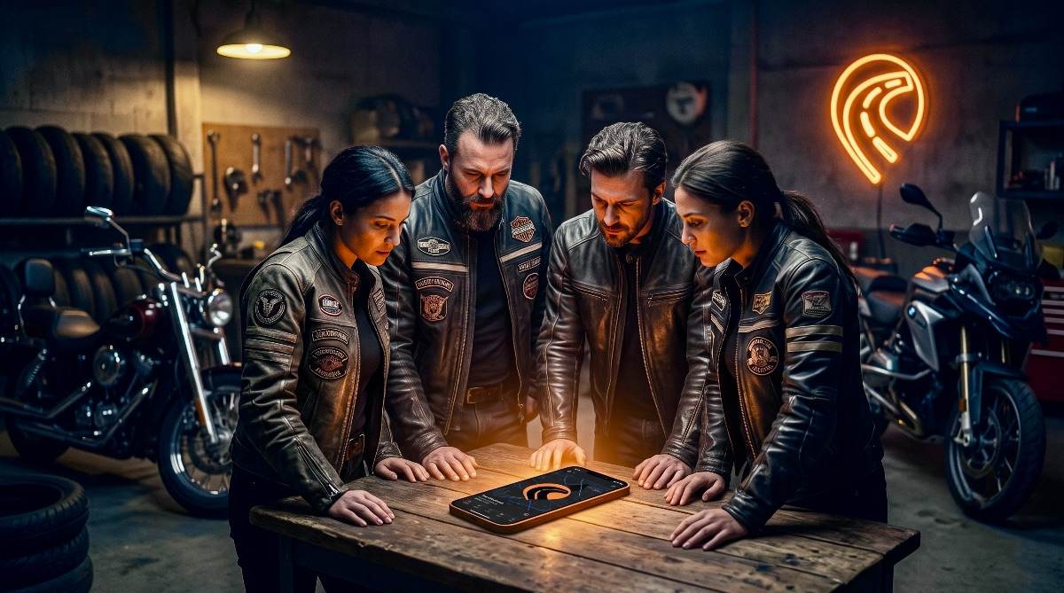 Grupo motero planificando estrategias online en garaje oscuro con el logo naranja de MotoCorner en pantalla móvil