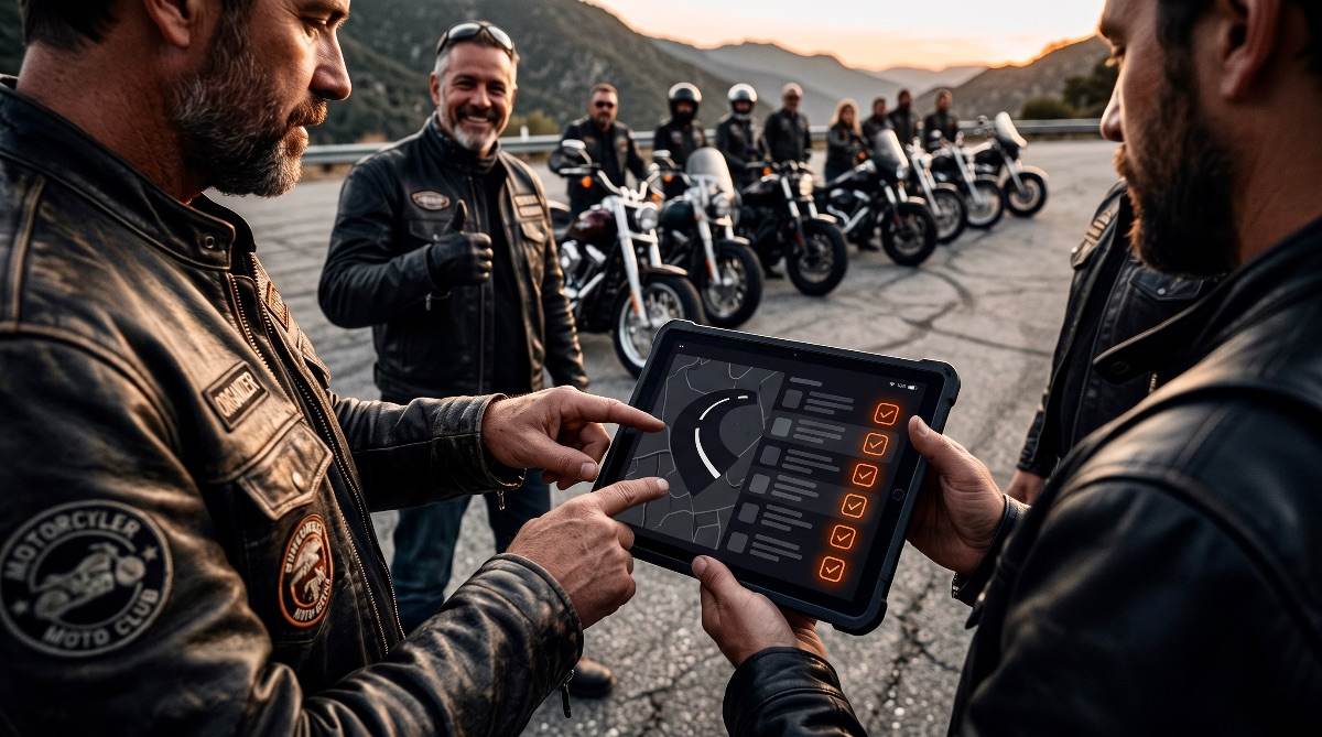 Grupo de moteros verificando la ruta y las inscripciones en una tablet antes de salir.