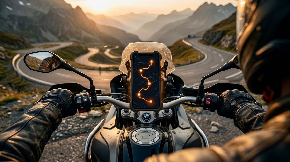 Motero verificando su ruta de temporada en el móvil al amanecer en un puerto de montaña.