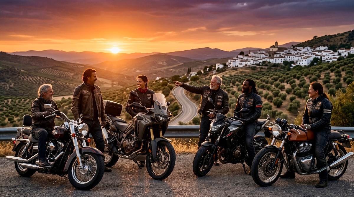 Grupo motero en un mirador de Andalucía al atardecer, riendo junto a sus motos con un pueblo blanco de fondo.