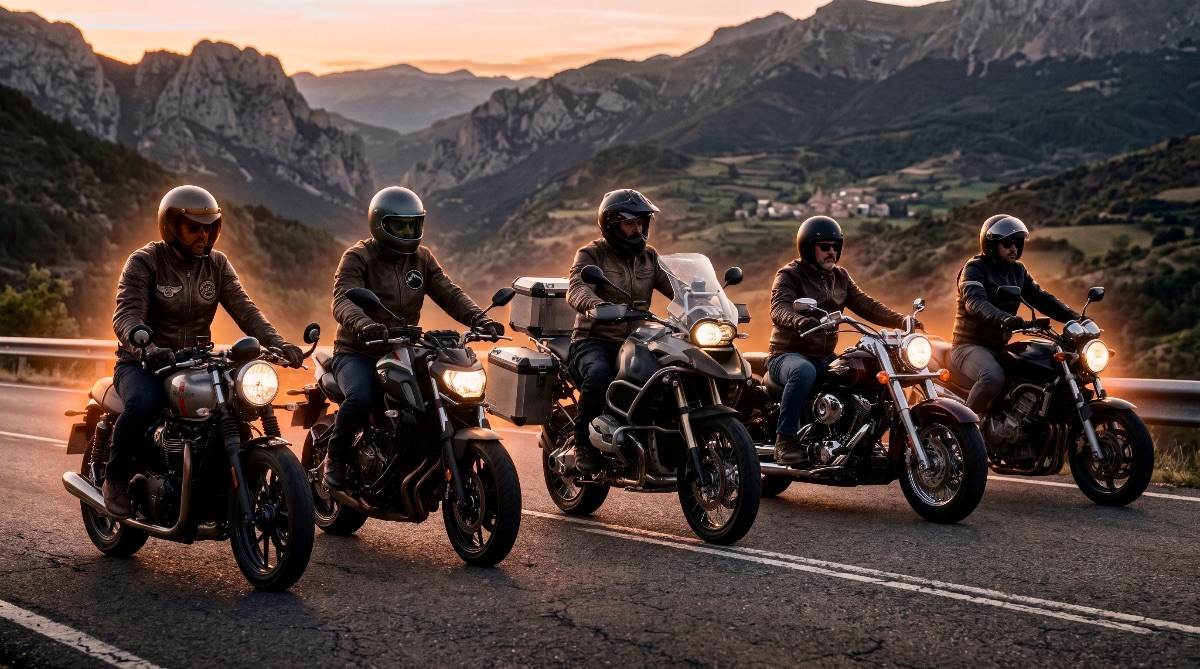 Grupo de moteros rodando en formación organizada por una carretera de montaña en Aragón al atardecer.