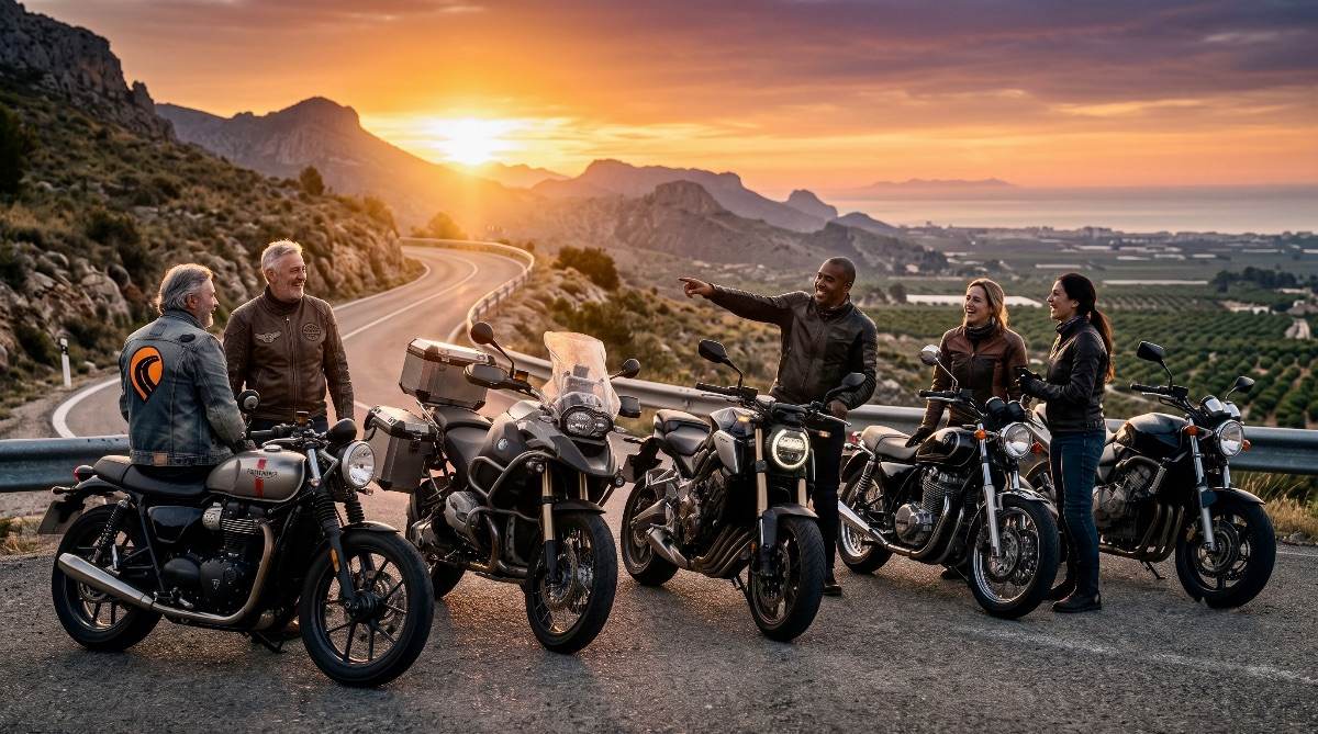 Grupo diverso de moteros rodando acompañados por una carretera de montaña en Valencia al amanecer.