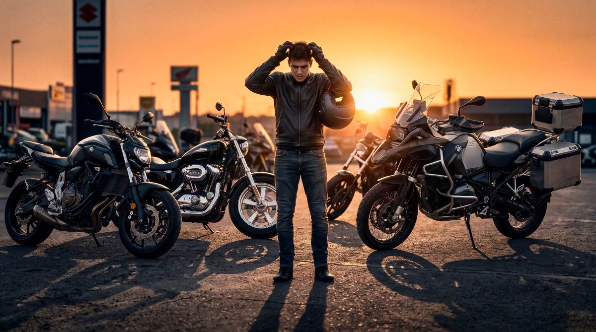 Un motero novato confundido rascándose la cabeza entre una Naked, una Custom y una Adventure touring en un parking de concesionario al amanecer.