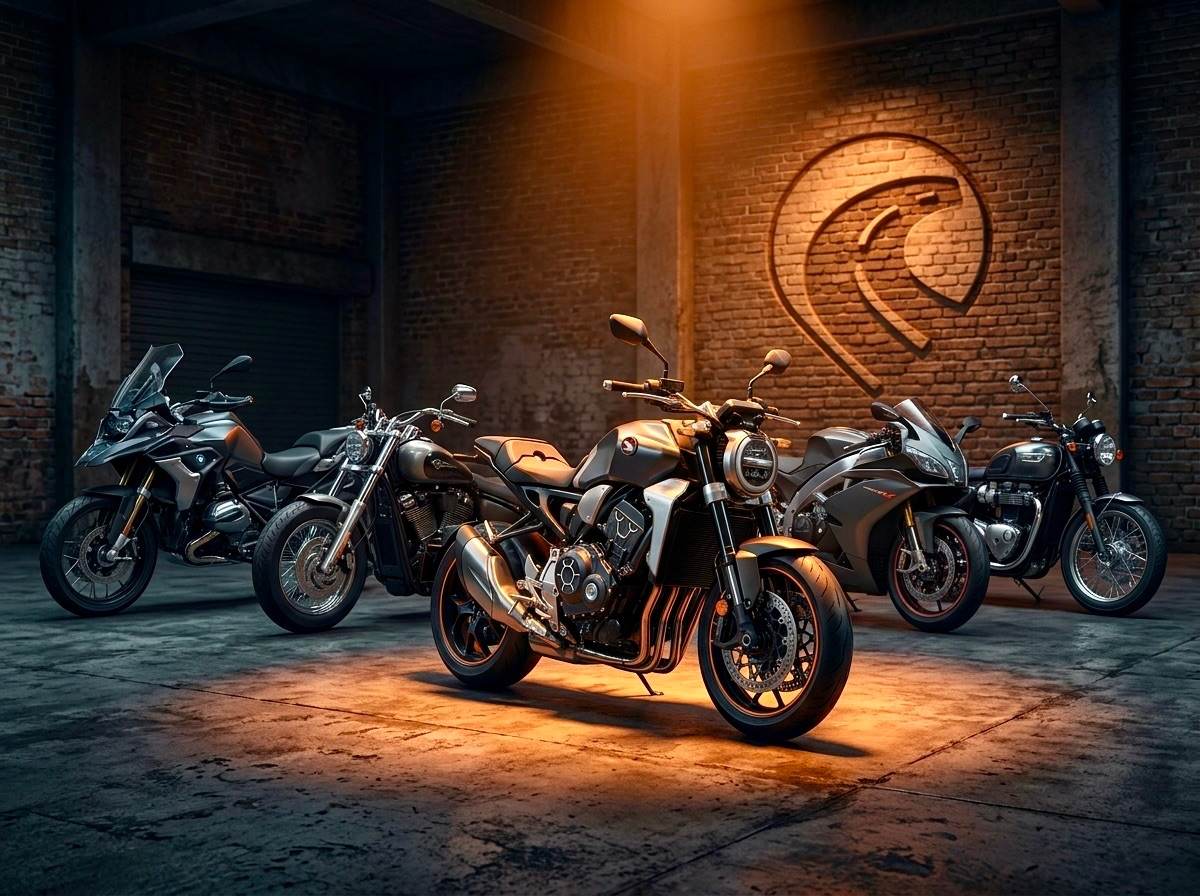 Cinco productos destacados: Una moto líder resaltada en formación de pole position digital en un garaje oscuro.