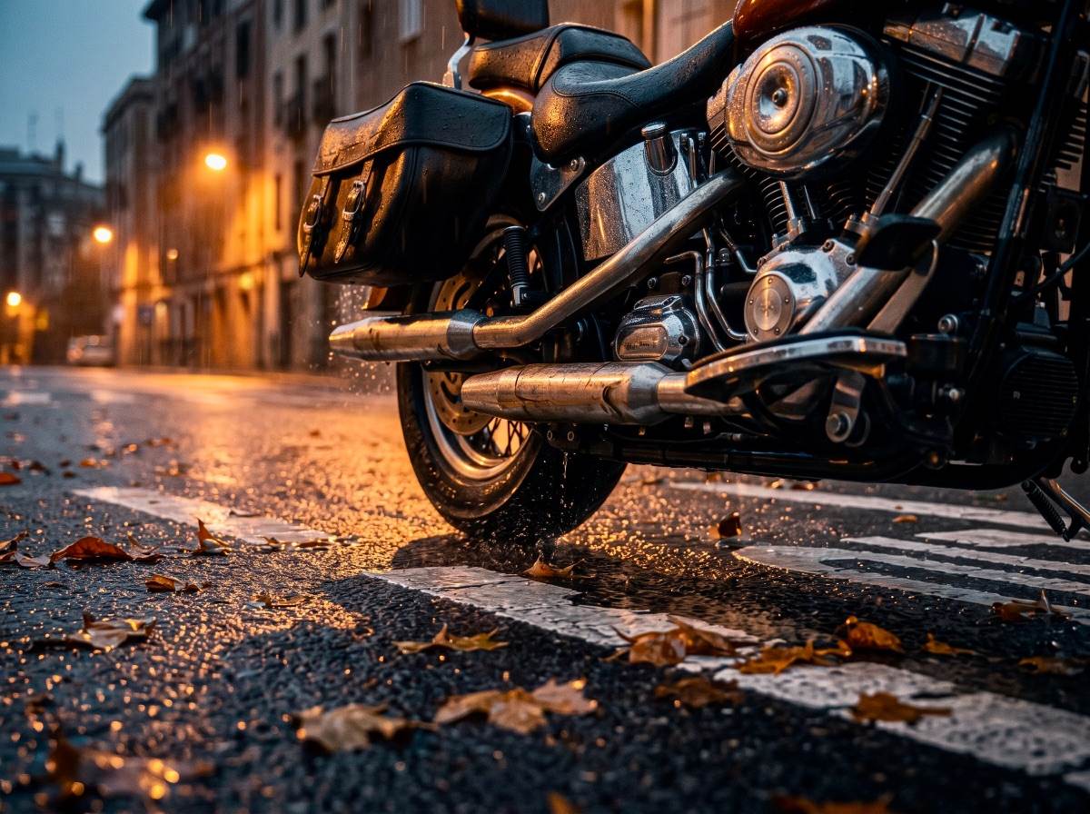 Moto circulando sobre asfalto mojado y marcas viales bajo lluvia otoñal en escena cinemática ruda.