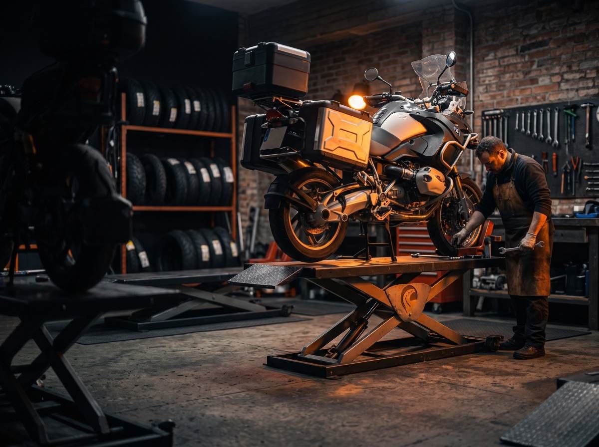 Mecánico en taller auténtico revisando moto en elevador lleno bajo luz naranja en invierno.