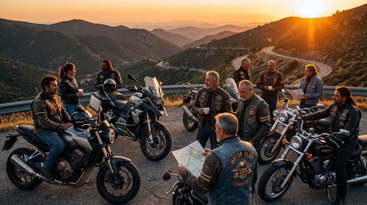 Grupo de moteros de club reunidos en un mirador de la Sierra de Madrid al atardecer