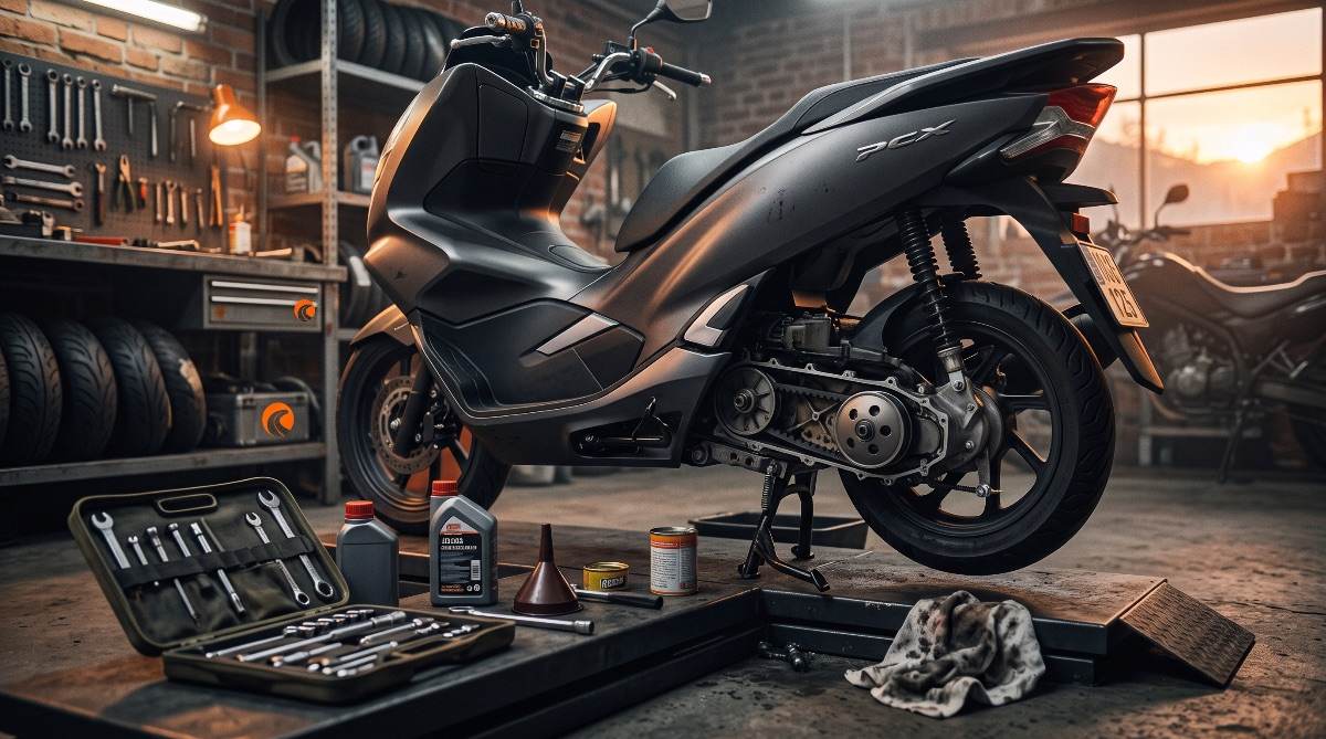 Realizando el mantenimiento del variador de una Honda PCX 125 en taller al atardecer.