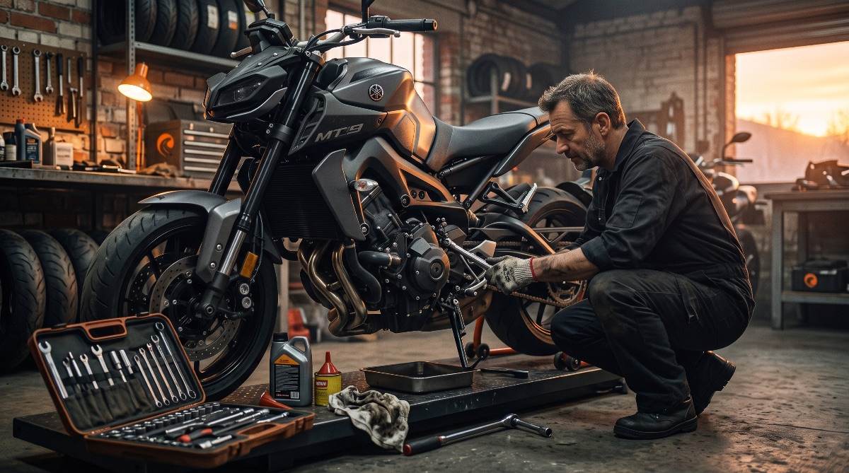 Mecánico realizando el mantenimiento del motor CP3 de una Yamaha MT-09 en taller al atardecer.