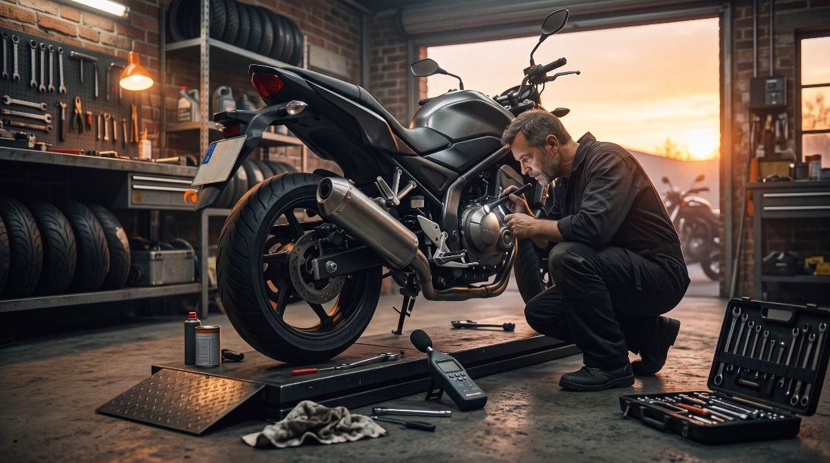 Mecánico inspeccionando el escape y sonoridad de una moto en taller para la ITV al atardecer.