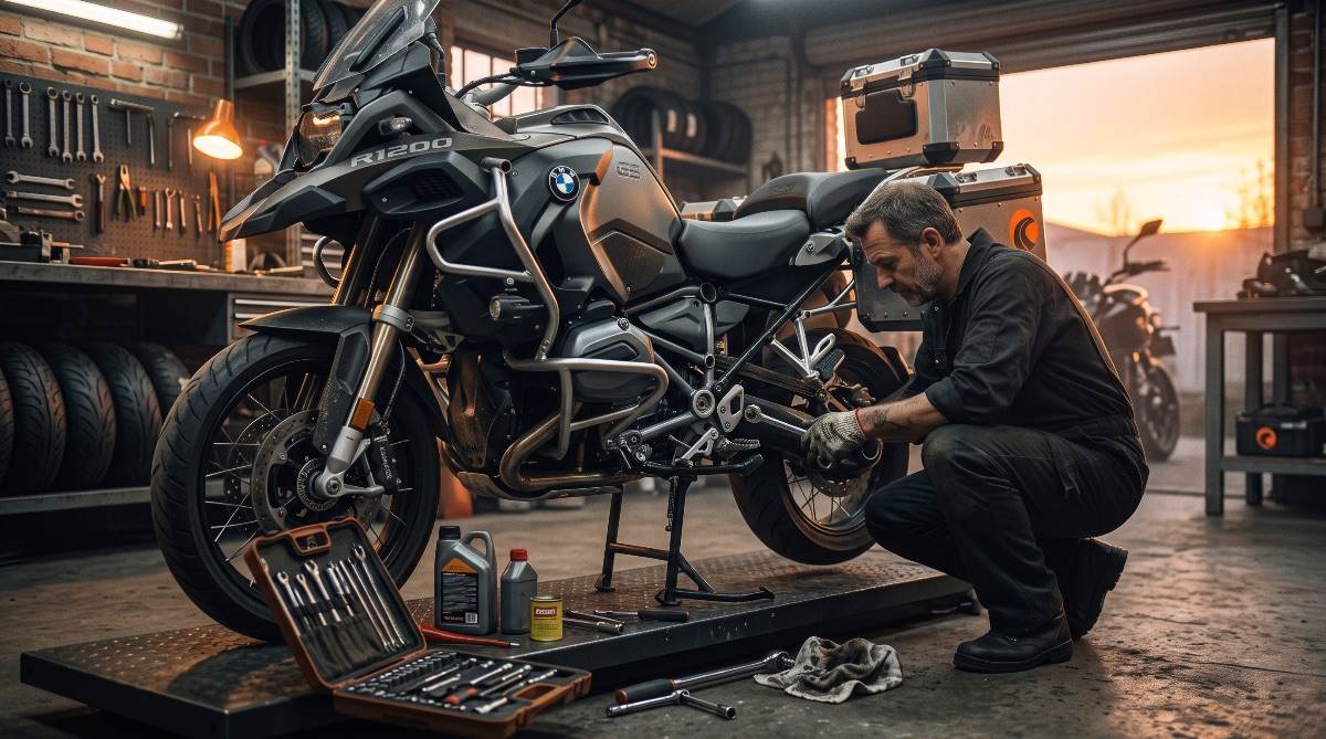 Mecánico revisando el cardán de una BMW R1200GS Adventure en taller al atardecer.